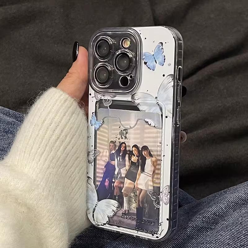 This exquisite blue butterfly transparent card holder phone case is compatible with iPhone 17/16/15/14/13/12/11/PRO/PROMAX/PLUS models. It is made of TPU material and is shockproof and drop-proof.