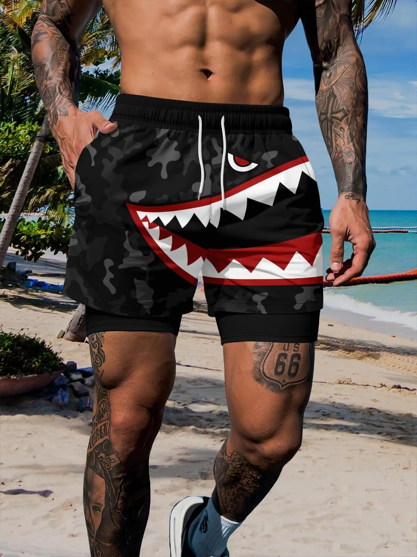 Men's Camouflage Shark Print Dual-Layer Beach Shorts, Swimwear Shorts, Anti-See-Through Two-In-One Swim Trunks, Casual Surfing & Vacation Wear