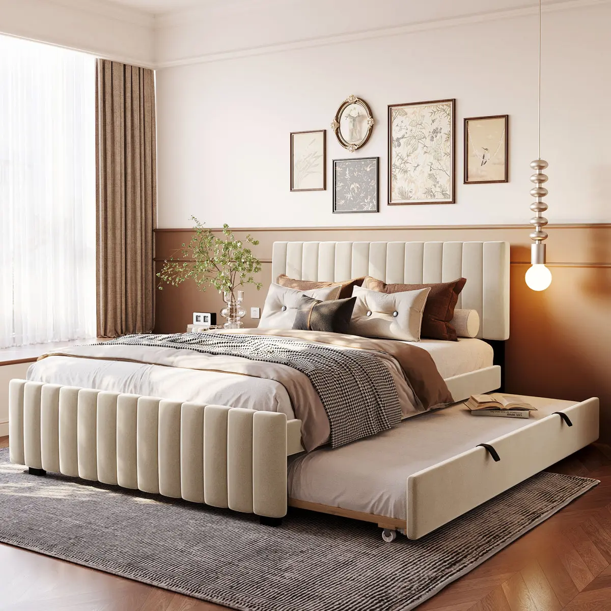 Queen Size Platform Bed with Twin XL Size Trundle, Velvet Upholstered Bed Frame with Headboard, No Box Spring Needed, Beige
