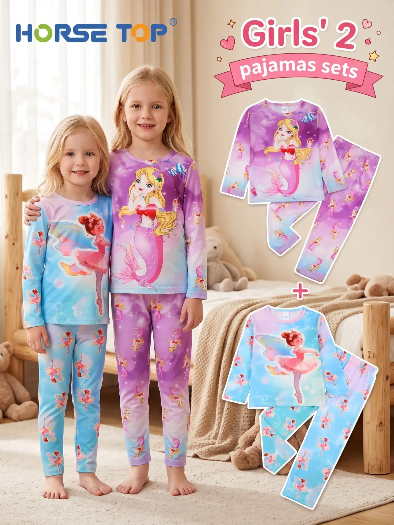 Girls' Long Sleeve Pyjama Set, 3D Cartoon Print, Comfortable Flame-Resistant Fabric, Ideal for Daily Wear at Home, All Seasons