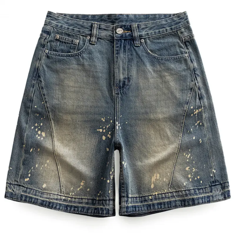 Men's Cotton Blend Denim Shorts, Vintage Streetwear with Paint Splatter, Distressed Yellow Tint Wash, 5" Straight Leg and Contrast Stitching, Button Waist, Machine Wash, Ombre Effect, Hoodie, Fashion, Retro