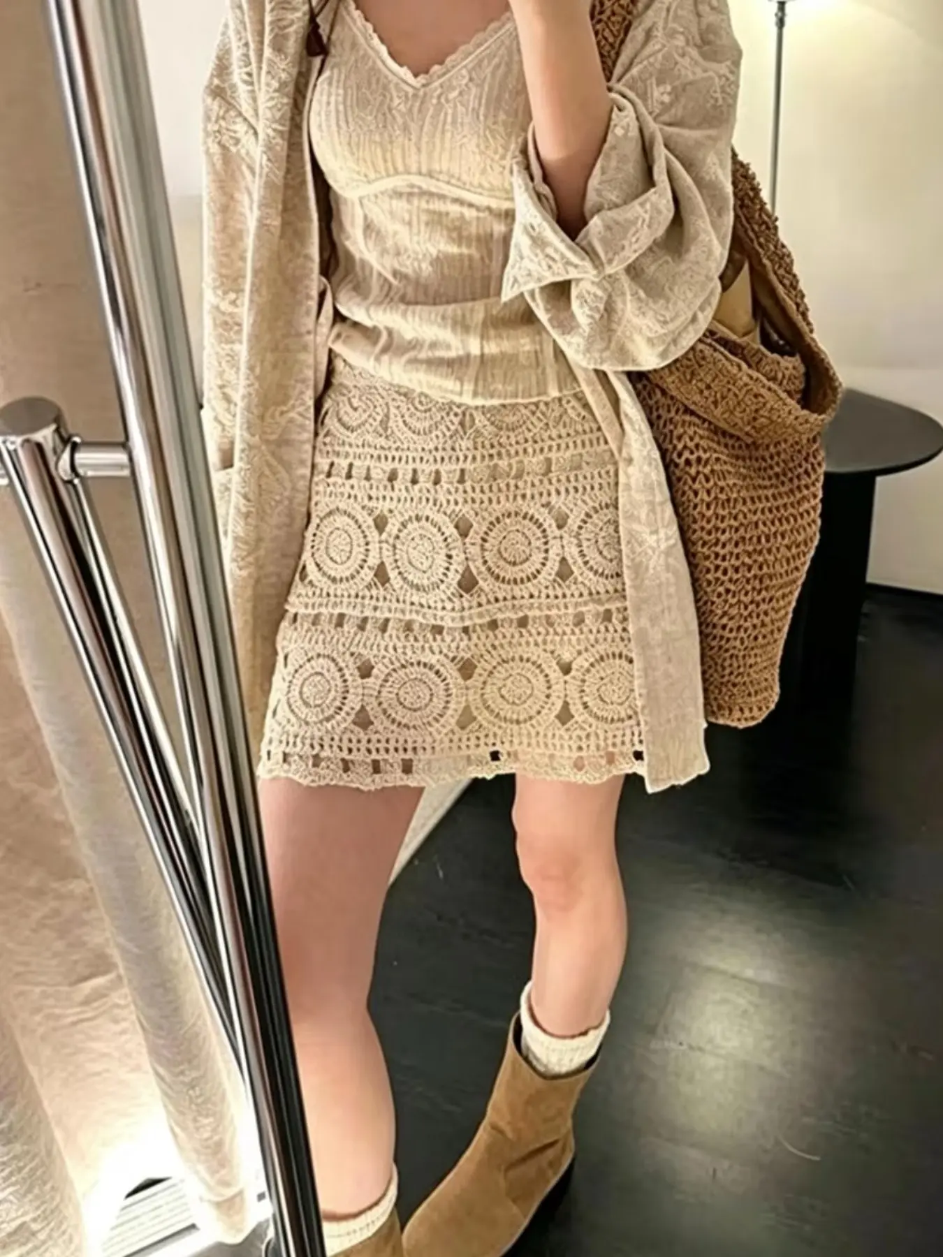 Apricot Boho Crochet Cut Out Midi Skirt, High Waist A-Line Design, Women's Versatile Vintage Style, Perfect for Spring Season