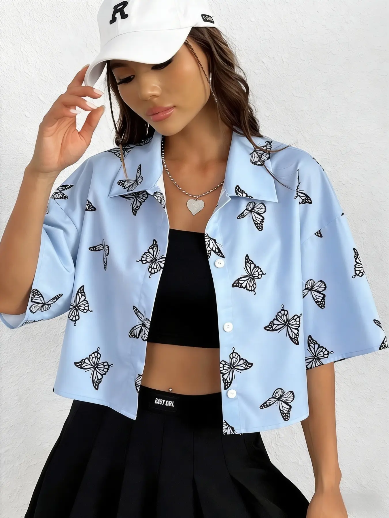 Women's Butterfly Print Crop Top, Half Sleeve Lyocell Shirt, Button Crop Top, Casual Summer Top for Girls, University, Travel, Daily Wear