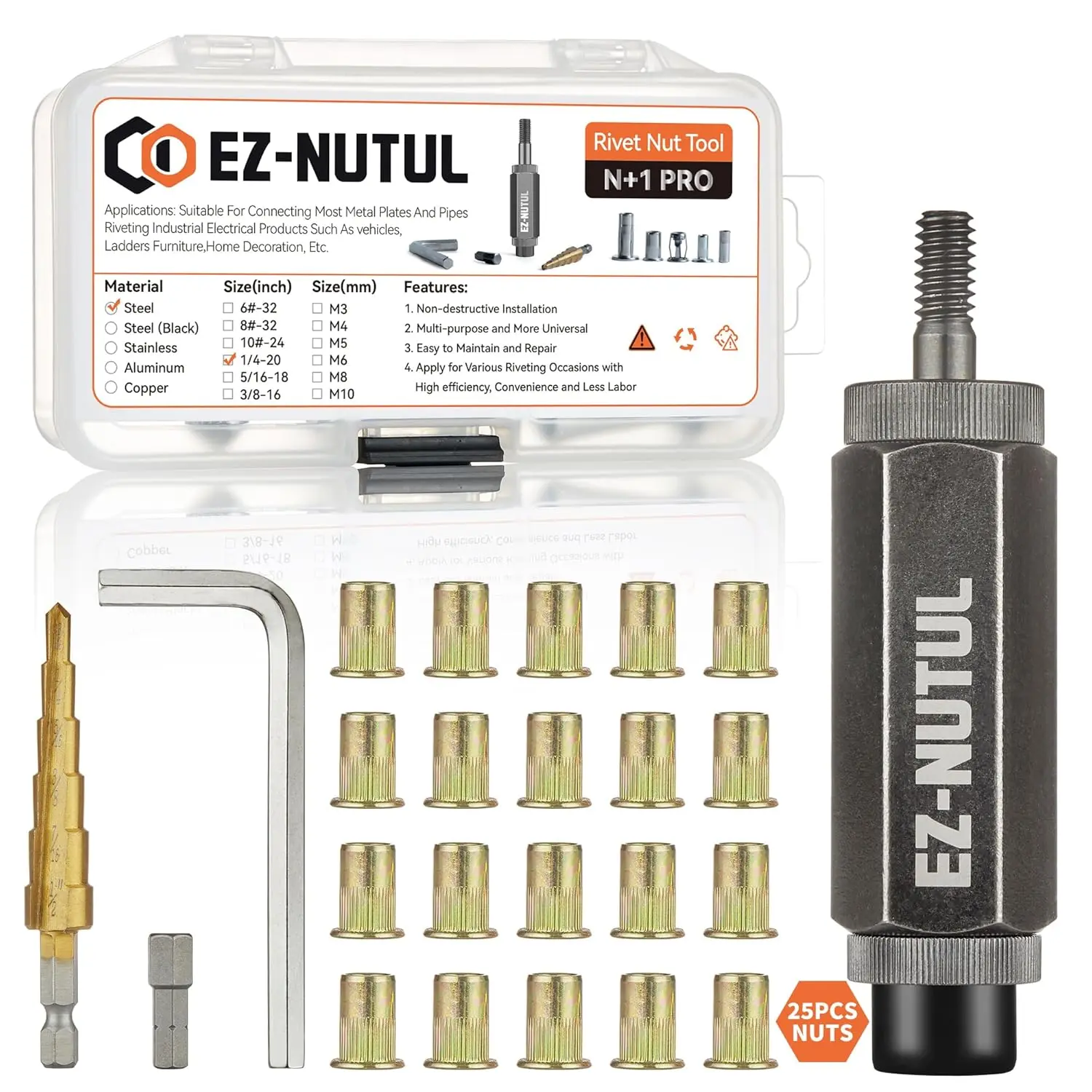 Rivet Nut Installation Tool Set Flat Head Rivnut Threaded Insert Nut Kit SAE & Metric for Duty Zinc Plated Nutsert (1/4-20(Rivet Nut Tool-25pcs))