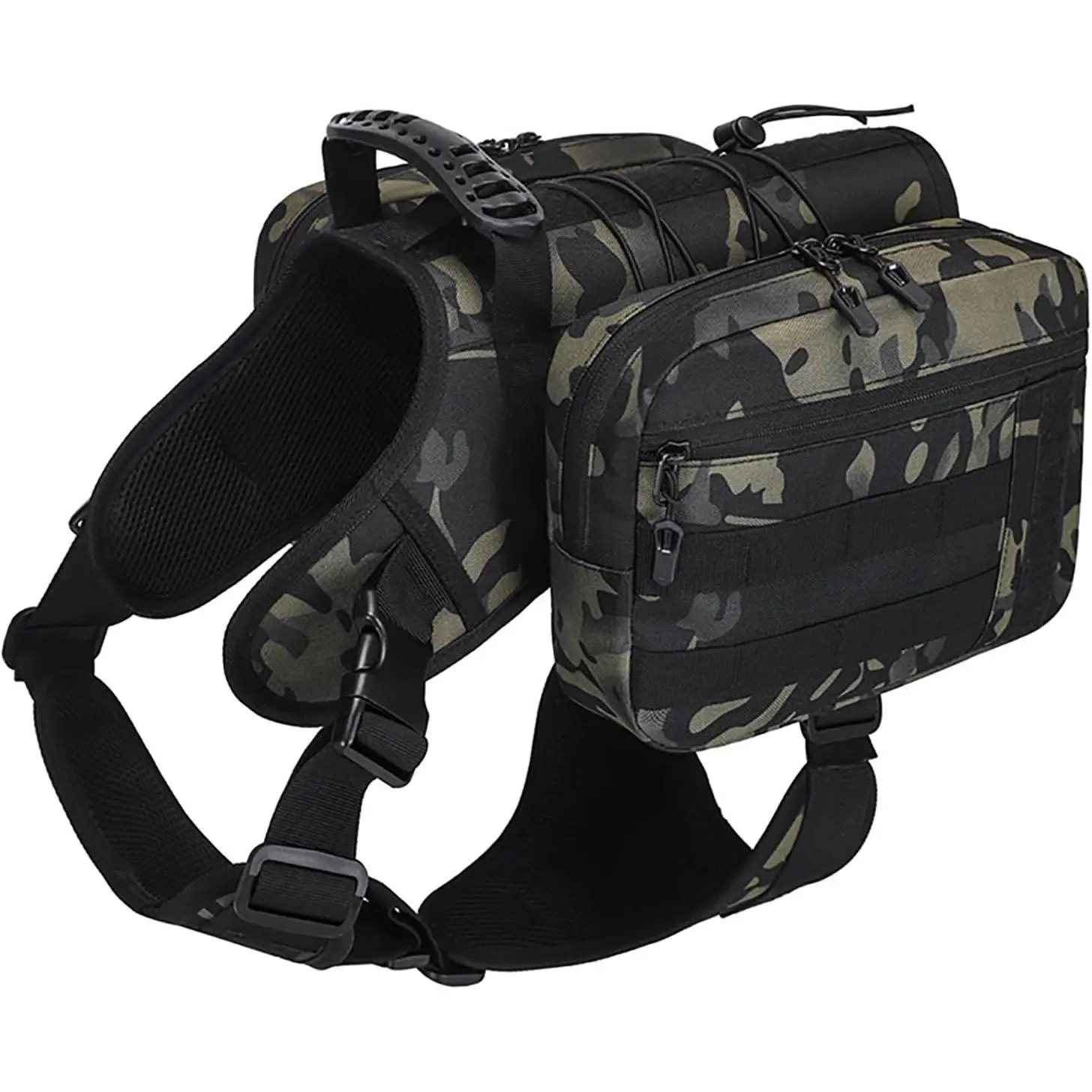 Tactical Dog Hiking Backpack for Large Dogs, Breathable Waterproof Oxford Harness with 2 Large Side Pockets & Saddle Bag, L XL Camo, Fits Chest 29"-38" for Travel Camping Outdoor Activities