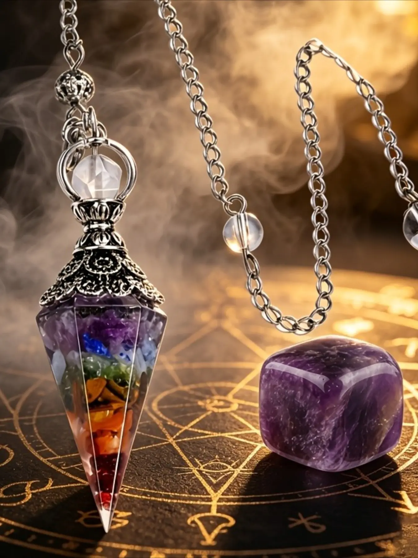2 Pcs Natural Stone Crystal Six-Sided Chakra Cone Pendulum Pendants with Amethyst Cube Stones, Ideal for Balancing Perception, Halloween & Christmas Gifts, Divination, Prophecy and Spiritual Exploration, Halloween Accessories, Healing Crystal Pendant