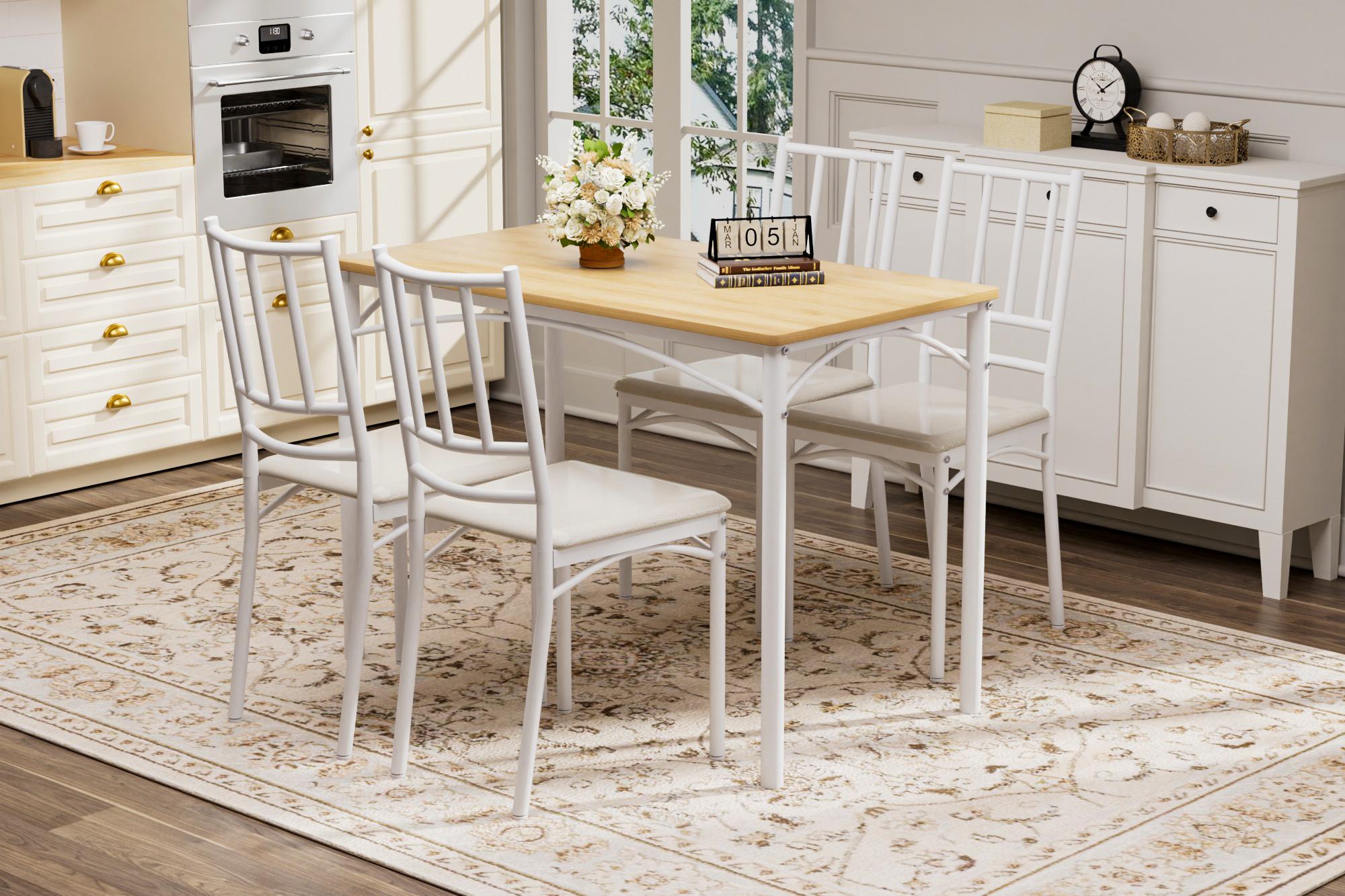 Dining Table Set, Bar Table with 4 Dining Benches, Kitchen Table Counter with Chairs, Industrial for Kitchen Breakfast Table, Living Room, Party Room, Natural and White, 43.3″L x23.6″W x 30.1″H