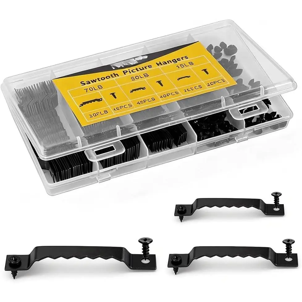 Serrated Picture Hangers - 60-piece set, including small, medium, and large picture frame hangers, comes with matching screws and storage box - Complete picture hanging kit and accessories for hanging frames, canvases, and mirrors