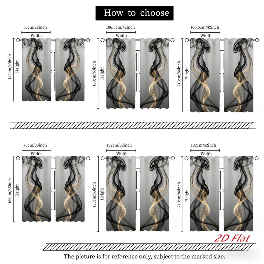 2Pcs Abstract Gold Black Smoke Pattern Sun Blocking Curtains Digital Printed Rod Pocket, Window Treatment For Bedroom Office Kitchen Living Room Study Home Decor