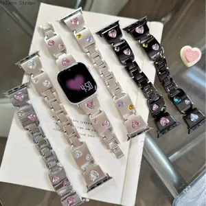 Peach Heart Rhinestone Metal Link Apple Watch Band, Cute Bracelet Strap Compatible with Series 1–11, Ultra & SE (38–49mm)