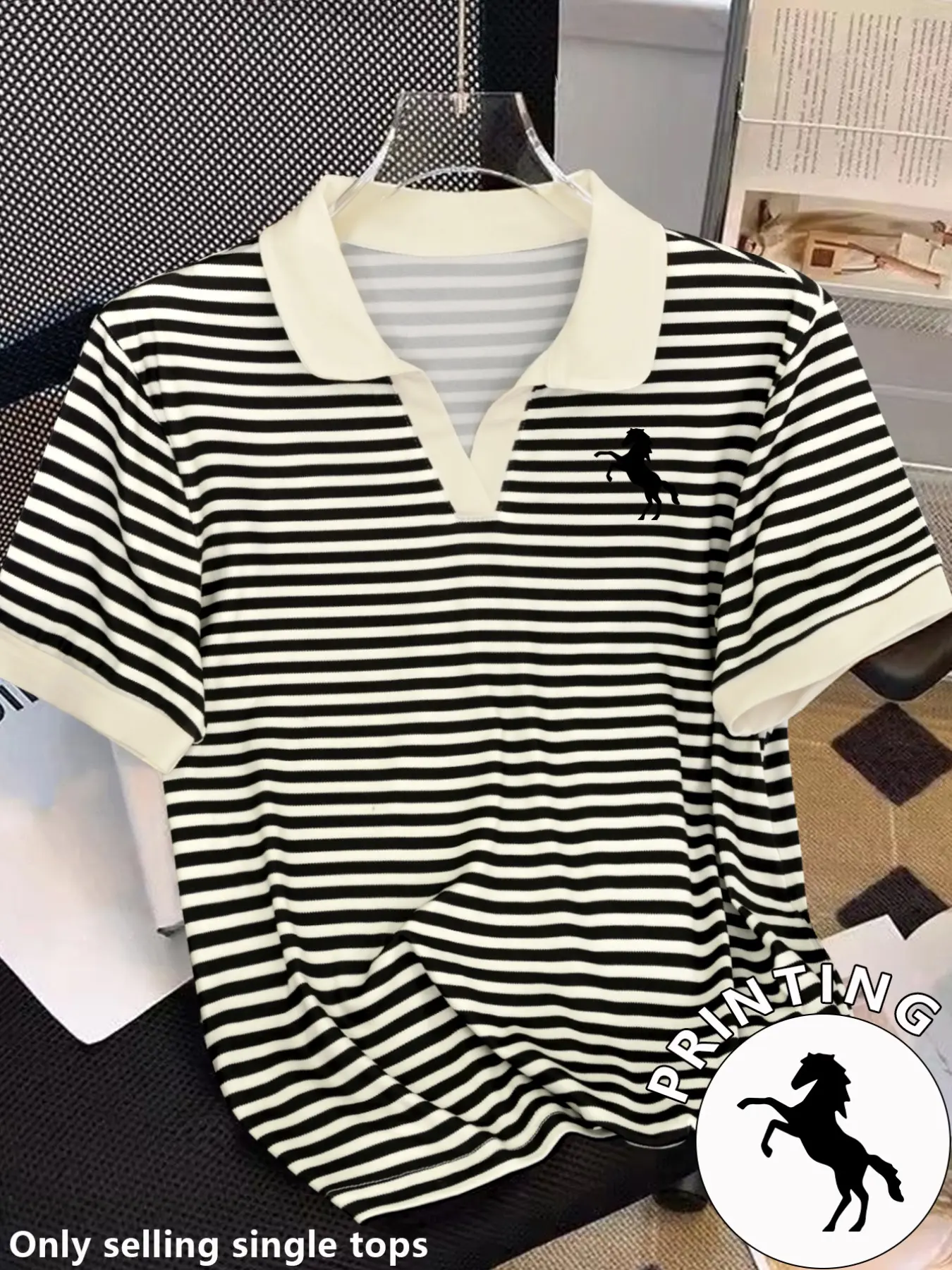 American Vintage Striped Polo Shirt for Women, Spring Summer Colorblock Collar Short Sleeve, Horse Silhouette Print, Loose Fit Casual Top