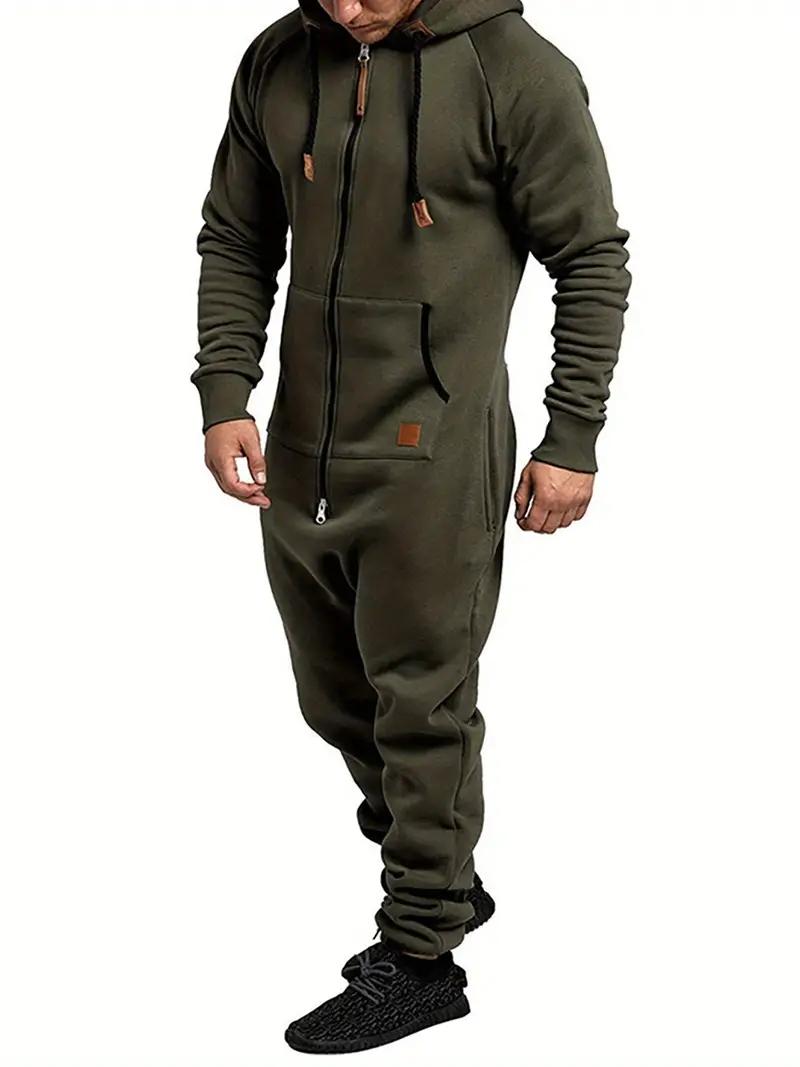 Men's hooded fleece lined jumpsuit, long sleeved full zip jumpsuit with kangaroo bag Army Green Overalls Men's hooded fleece lined jumpsuit, long sleeved full zip jumpsuit with kangaroo bag Army Green Overalls