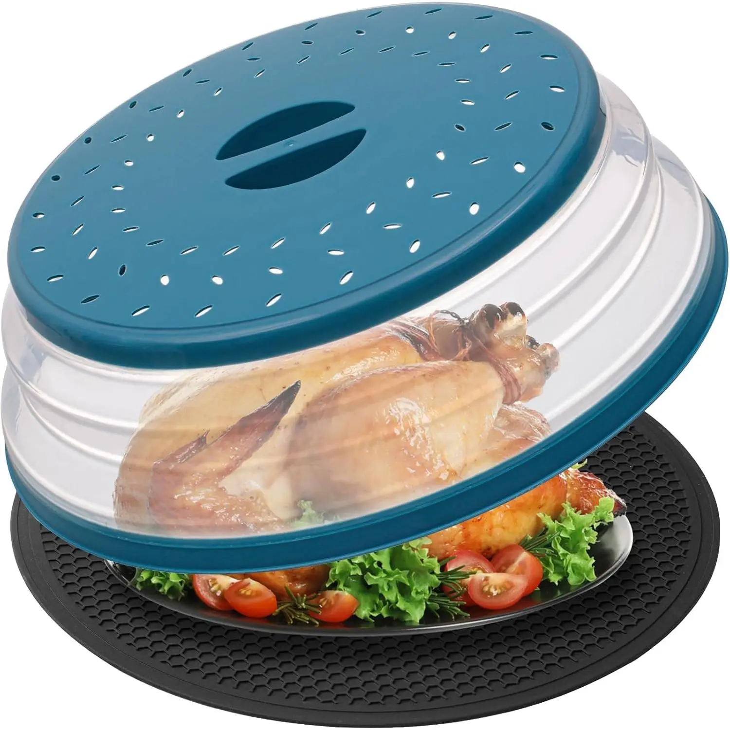 Large Microwave Splatter Cover & Silicone Mat,12 Inchs Vented Collapsible Guard dish Plate lid & Round Kitchen mat for food