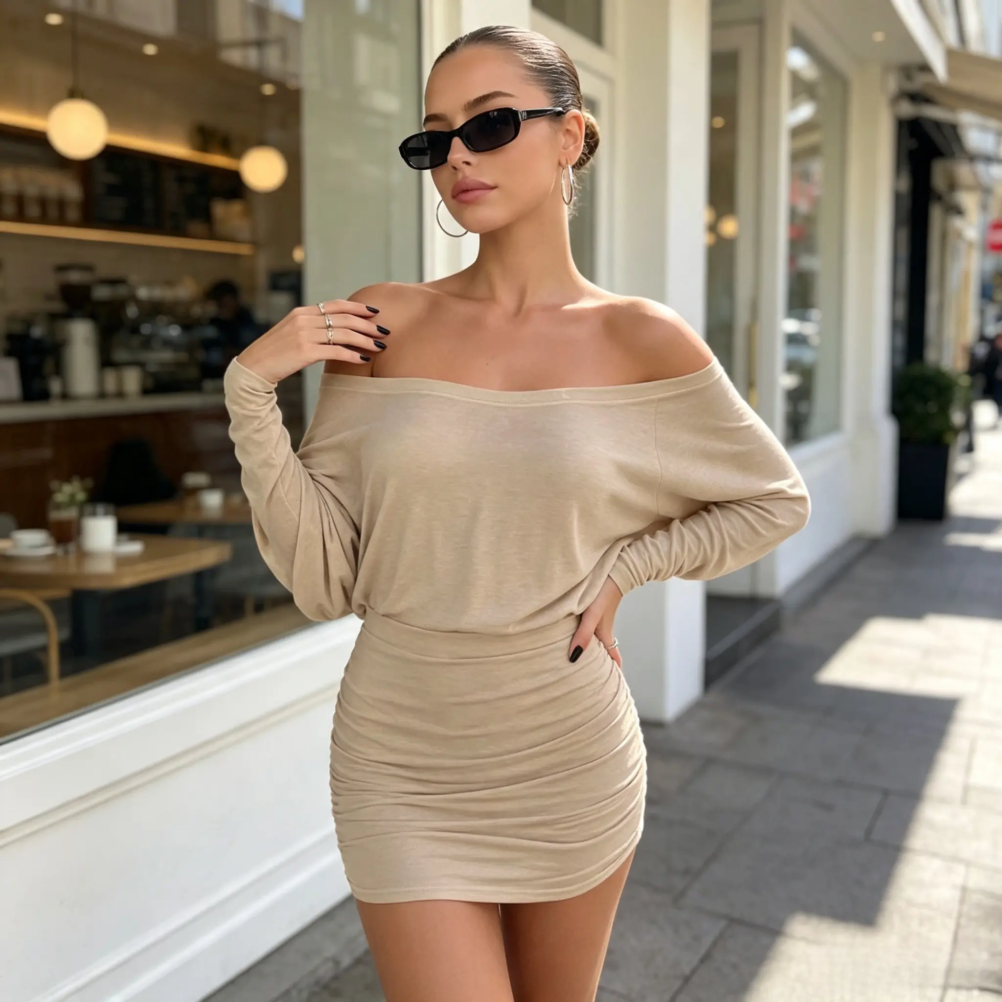 Women's Sheer Ruched Casual Party Dress, Off-The-Shoulder Long Sleeve Fit Women's Mini Dress for Spring & Fall, Womenswear Fashion, Lady