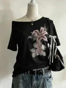 Women's One-Shoulder Floral Print Off-Shoulder T-Shirt, Loose Short Sleeve Top, Casual Y2K Street Style, Summer
