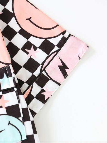 Women's Sleepwear Set, Smiley Face Print Pajamas, Lapel Button Short Sleeve Top & Elastic Shorts, Casual Fitted Nightwear