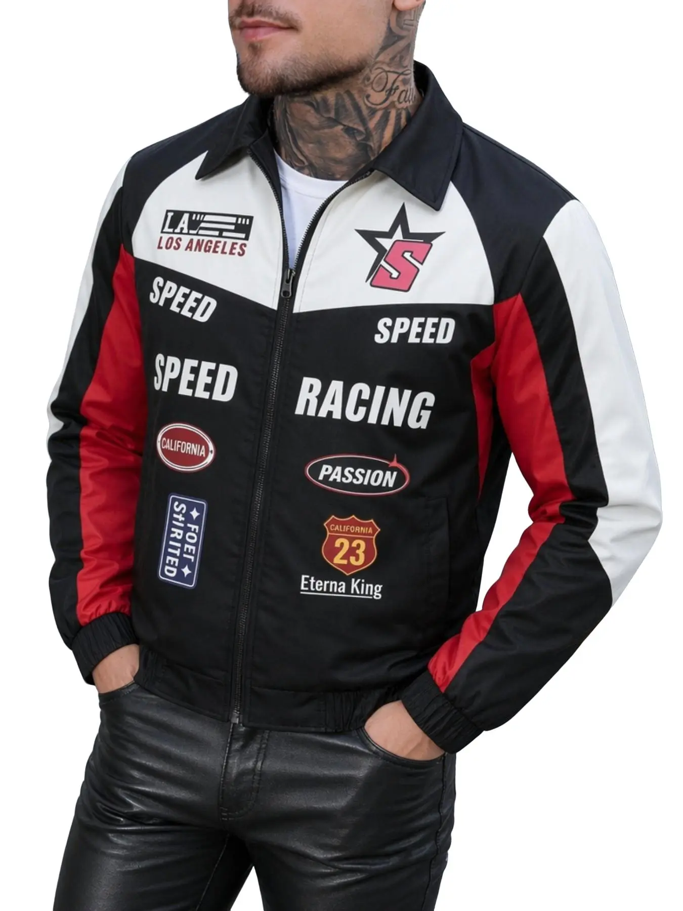 1 Piece Men's Color Block Racing Collared Jacket, Vintage Motorsport Streetwear Style, Letter Badge Print, Full Zip Closure, Elastic Cuffs & Hem, Lightweight Windproof Outerwear for Street Fashion, Motorcycle Ride, Daily Outing