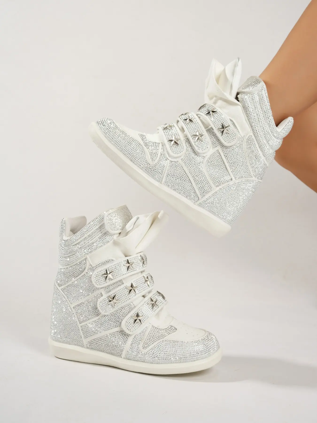 High-Top Women's Shoes with Rhinestones and Rivets, Velcro Inner Heel Boost, Casual Booties, Durable Fashion Footwear, Comfortable Design