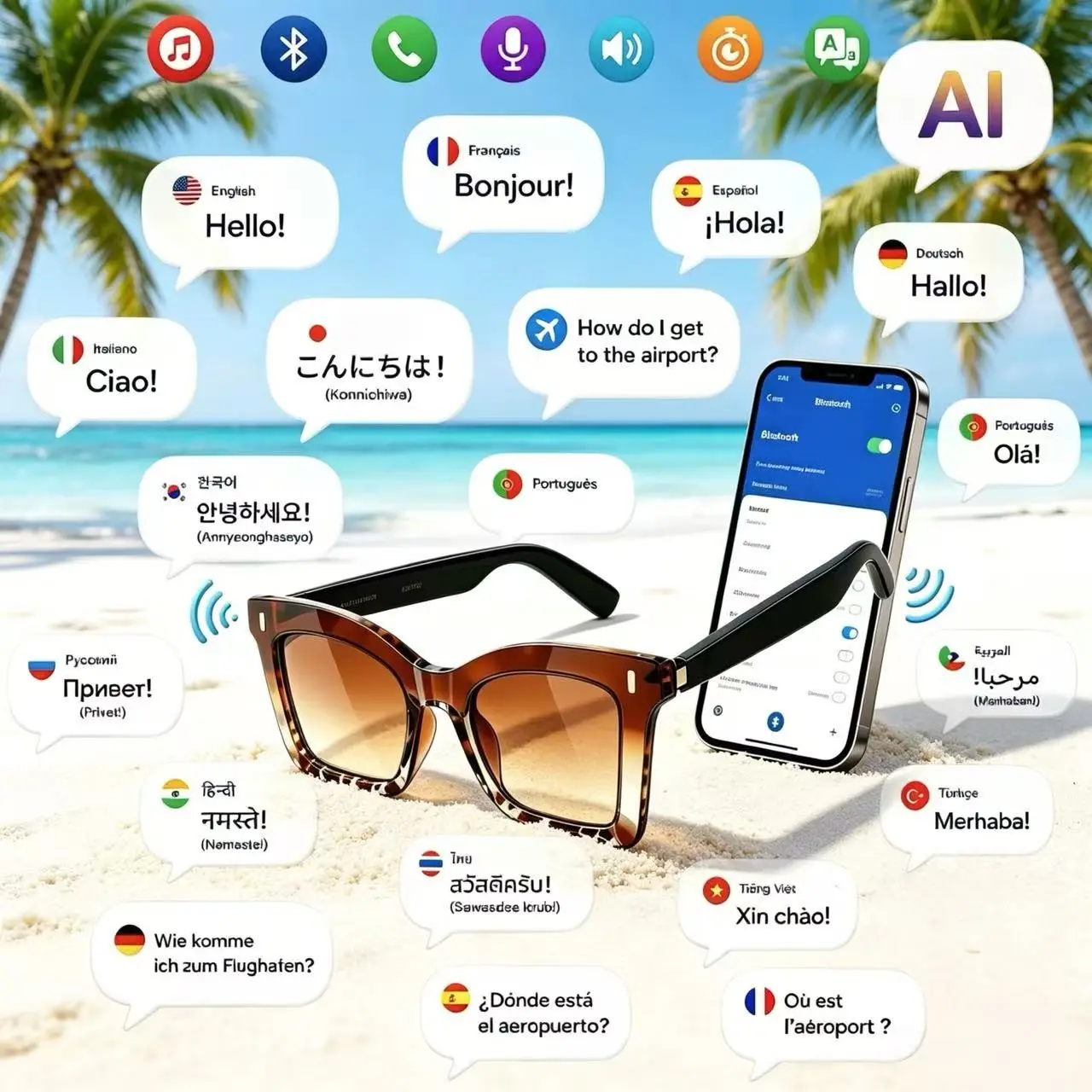 AI Bluetooth smart glasses, Wireless translation glasses, supporting 137 languages APP translation, UV protection, automatic in ear detection switch, leopard print sunglasses, sweat proof, sun protection, suitable for travel, navigation, cycling