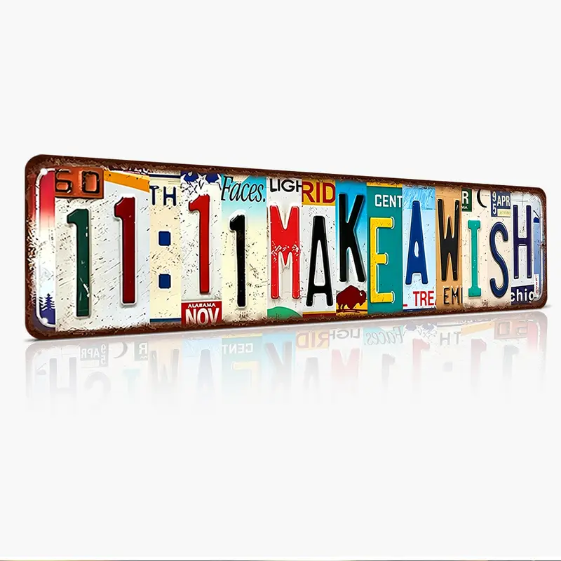 11:11 Make A Wish Inspirational Quote Colorful Aluminium American Retro Wall Art Sign - 16x4in Flat Printed Weatherproof Rust-Proof, Distressed Collage, Casual Period Style Home Bedroom Plaque, Indoor Decor Gift for Manifestation Fans