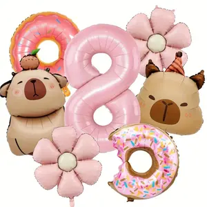 7pcs Pink Daisy Flowers Donuts Balloons Set Capybara Aluminum Foil Balloon Digital 1-9 Foil Ballons Birthday Party Supplies