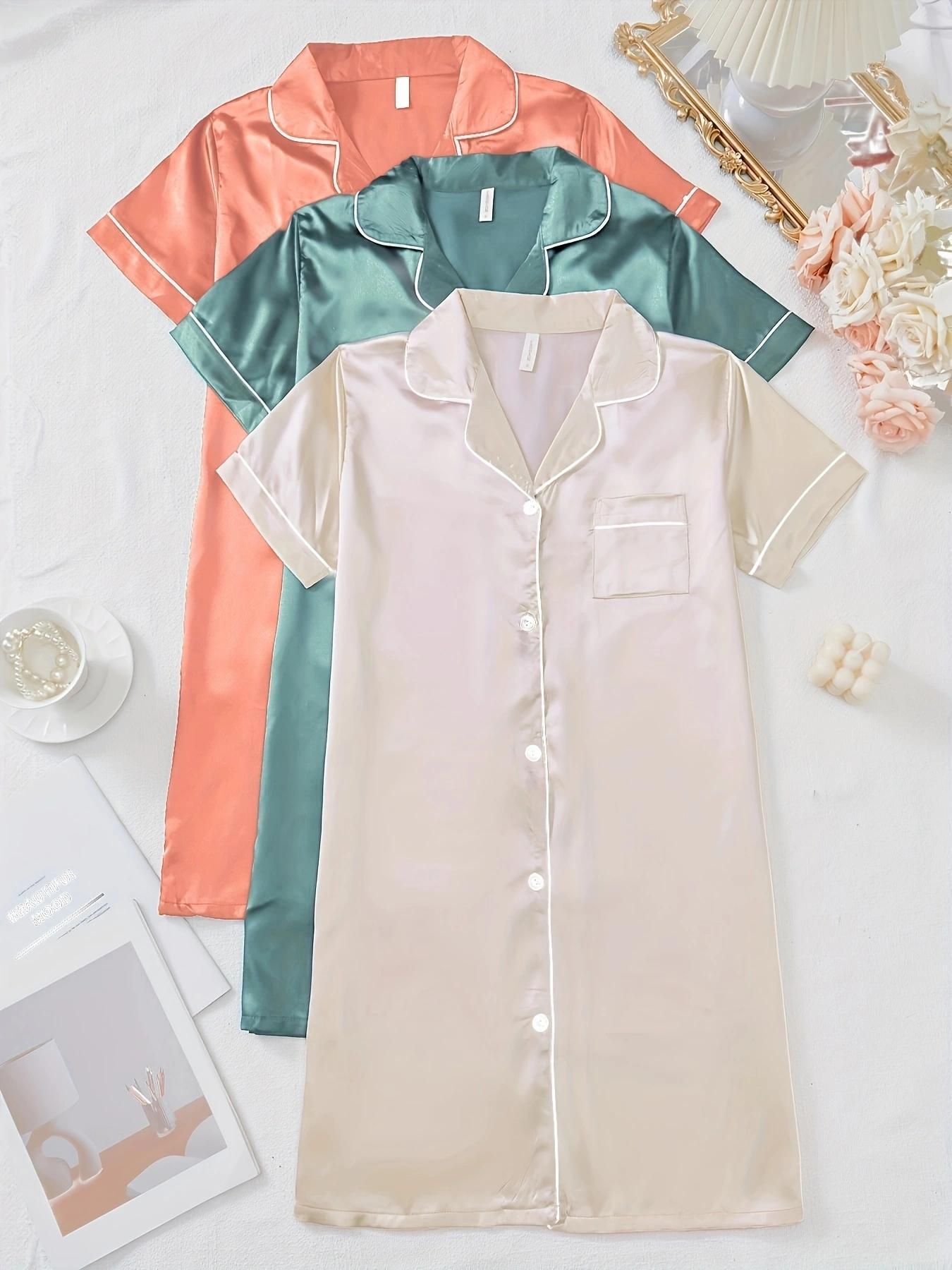 Women's Contrast Binding Button Front Satin Pyjama Dress, Soft Basic Casual Comfy Short Sleeve Lapel Neck Pocket Nightdress, Ladies Sleepwear for All Seasons, Lounge Pajama Style, Pajamas, Loungewear, Homewear