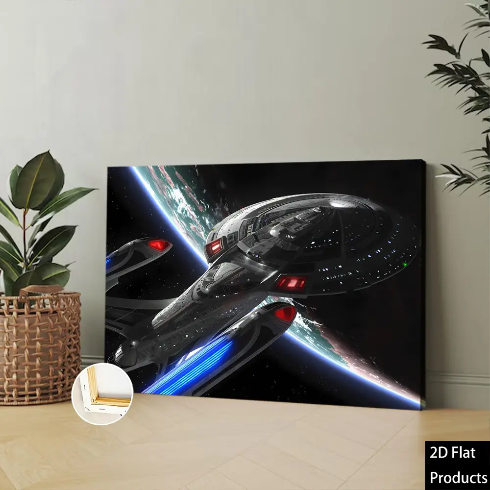 2D Flat, 1Pc Canvas Poster, Sci-fi spaceship passing over an alien planet pattern, suitable for home, office, living room, bedroom, coffee shop--easy to install, a great decoration for Christmas, Thanksgiving, New Year, Valentine's Day, 2D flat design