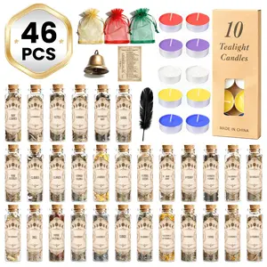 46-Pack Witchcraft Dried Herbs & Flowers Supplies Kit for Beginners - 30 Herb Bottles, 10 Colorful Candles, 3 Scented Sachets, Feather, Bell, Spell Parchments, Guide Book, Incense Making Altar Supplies, Fragrance Festive Gift