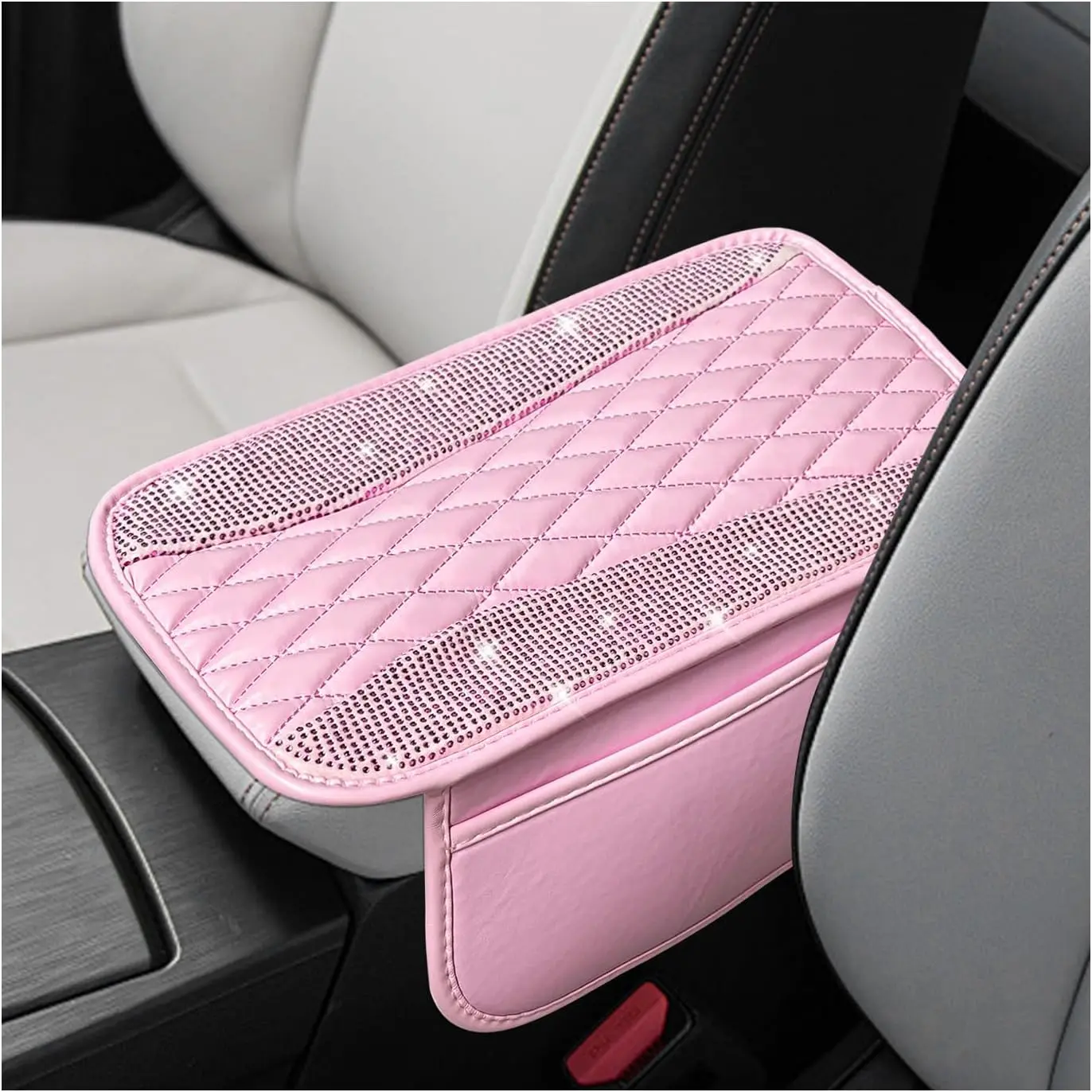 Bling  Center Console Cover, Sparkling Leather Armrest Cushion Pad with 2 Storage Pockets, Comfortable Shiny Middle Console Cover for  ,  Accessories ()