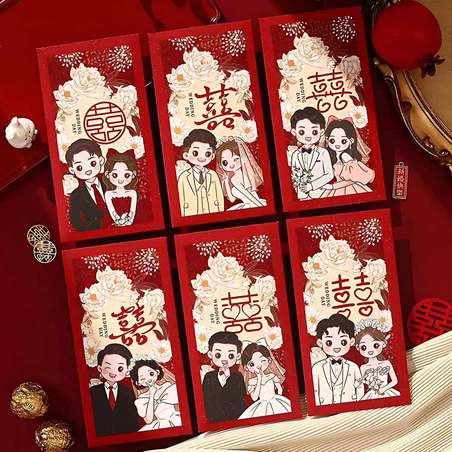 Red Envelopes for Chinese Wedding, 6 count Floral  Envelopes of Cute Cartoon Bride and Groom Patterns and Double Happiness, Traditional Chinese Wedding Accessories for Blessing