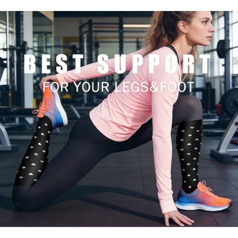 NEWLIFEJWL Sporty Knee High Compression Socks Set - 6 Pairs with Stylish Striped & Heart Prints, Performance & Recovery for Athletes, Gym, Casual Wear, Black & Multicolor