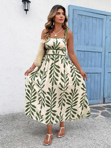 【Plus Size】 Leaf Print Cami Dress, Casual Sleeveless Spaghetti Strap Maxi Dress for Beach Holiday Vacation, Women's Plus Clothing for Summer