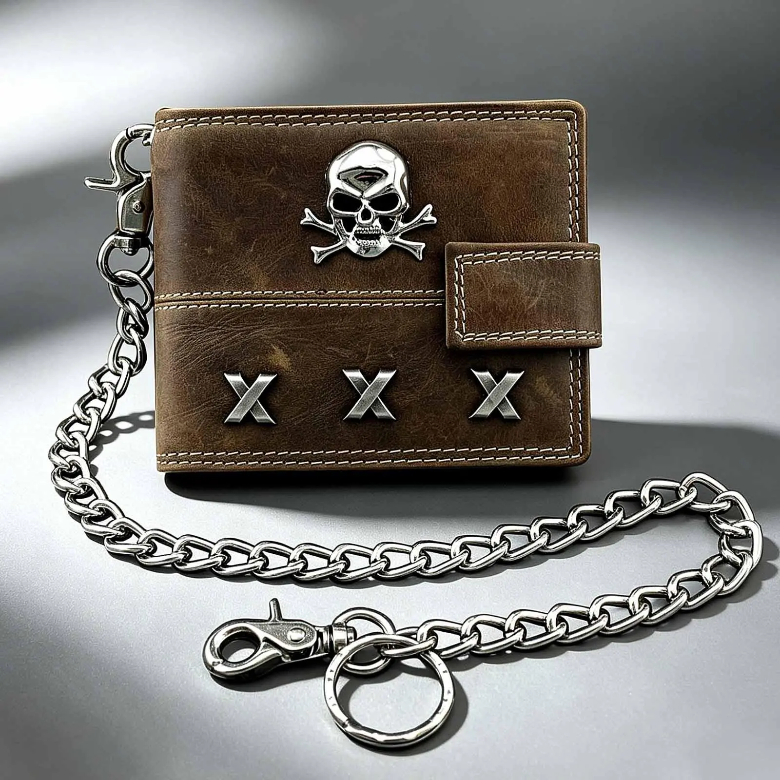 Men Skull Span Leather Wallet For Biker With Coin Pocket And Safe Chain