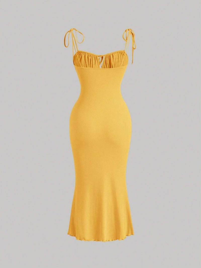 Women's Plain Ruched Lettuce Trim Tie Front Cami Dress, Casual Sleeveless Spaghetti Strap Tie Shoulder Long Bodycon Dress for Summer, Ladies Clothes for Beach Holiday