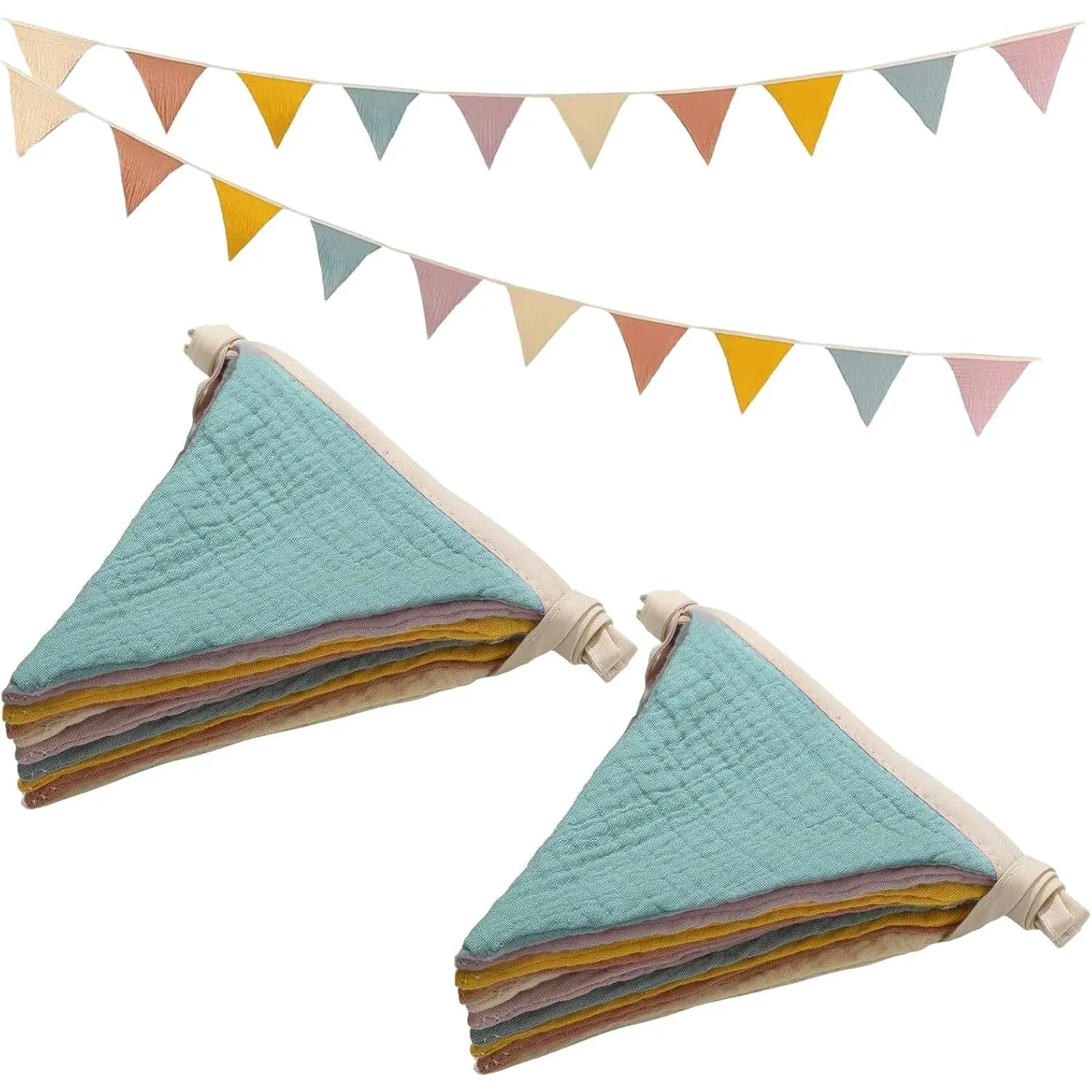 2PCS Pennant Banner Flags, Fabric Bunting Banner Nursery Garland Decor, Baby Shower Garland, Triangle Flags for Baby Boy Room, Playroom, Boho Birthday Party Decor, Each 7.75 ft (Vintage Color)
