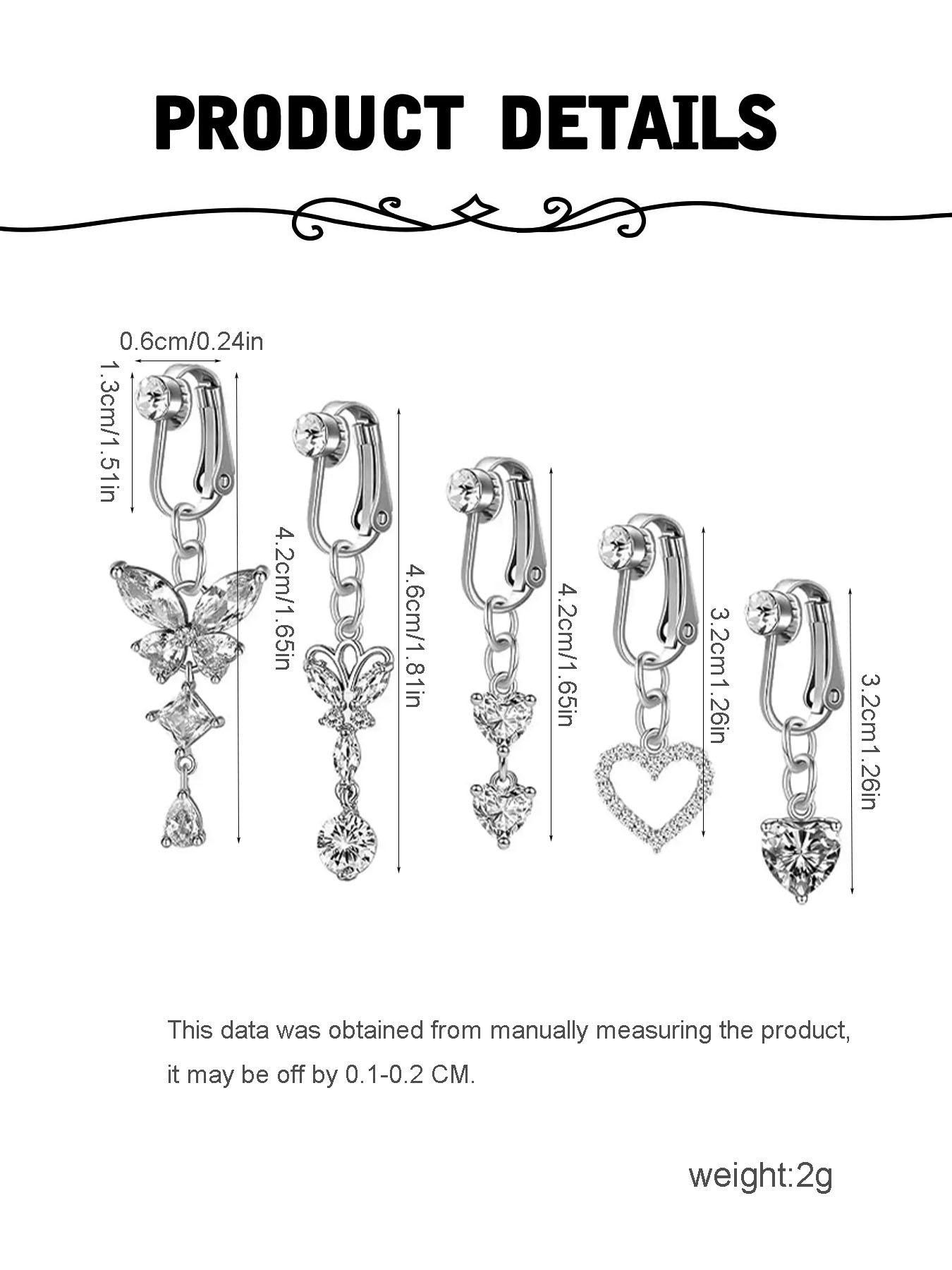 Rhinestone & Butterfly Decor Non-piercing Clip Belly Piercing Belly Button Rings, 5counts Belly Piercing Jewelry for Party, Daily Clothing Decor for Girl, As Birthday Gift for Back To School