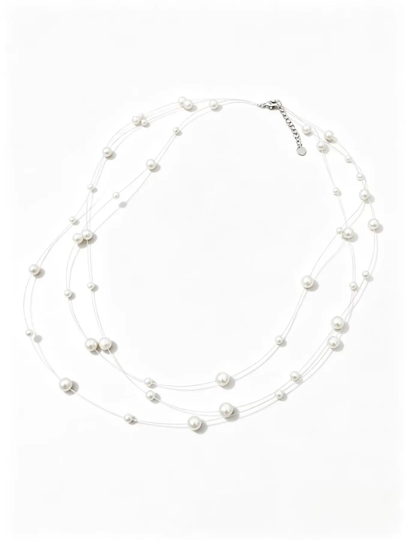 Freshwater Pearl Invisible Starburst Three Row Necklace, 3.5-4.5mm Pearls, 45/48/50cm Adjustable, Layered Design, Brass Clasp