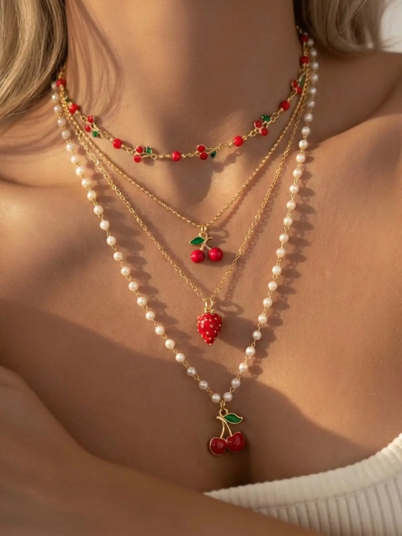 4 Pcs Y2K Cherry Strawberry Pendant Gold Chain Necklace Set Imitation Pearl Red Enamel Fruit Multi Strand Stack Choker Coquette Sweet Women Spring Summer Jewelry
