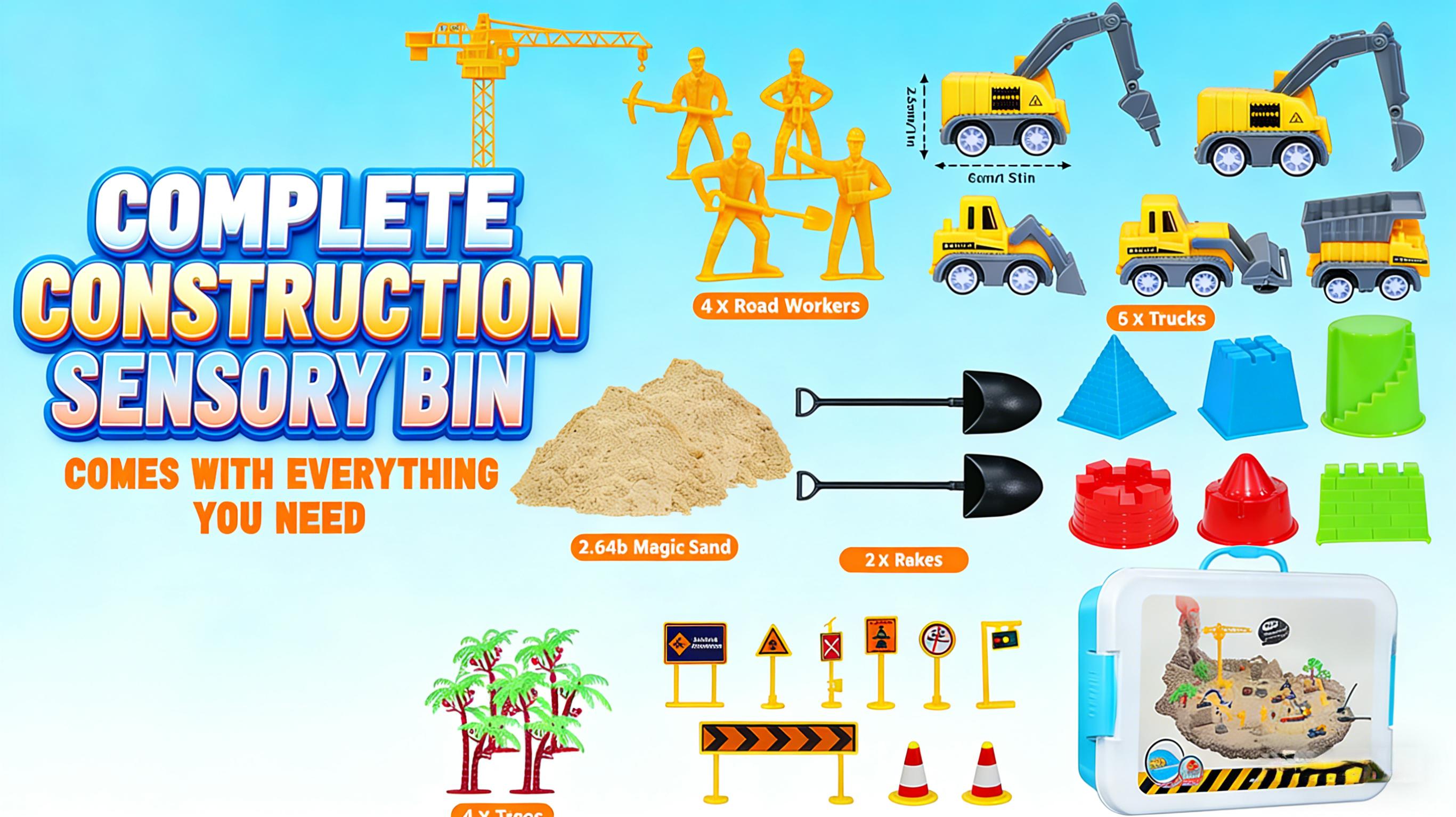 Play Sand Construction Set, 2.2lbs Magic Sand & 5 Construction Trucks, Sensory Sandbox with Cover for Boy Girl Kid Toddlers Age 3-8 Toddlers Christmas Birthday Gift