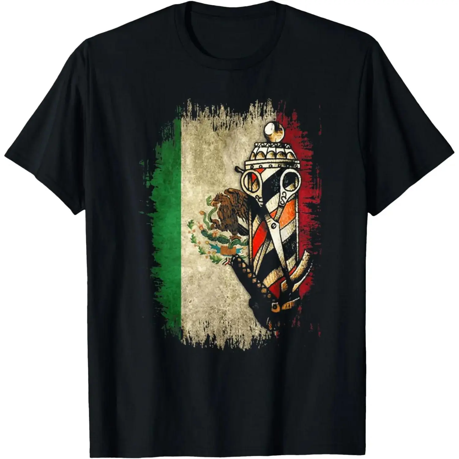 Men's Classic Breathable Short-Sleeve Cotton Top - Barber Pole Mexican Flag Graphic, Barber Shop Print, Unisex Hairstylist Menswear Outfits for Casual Streetwear