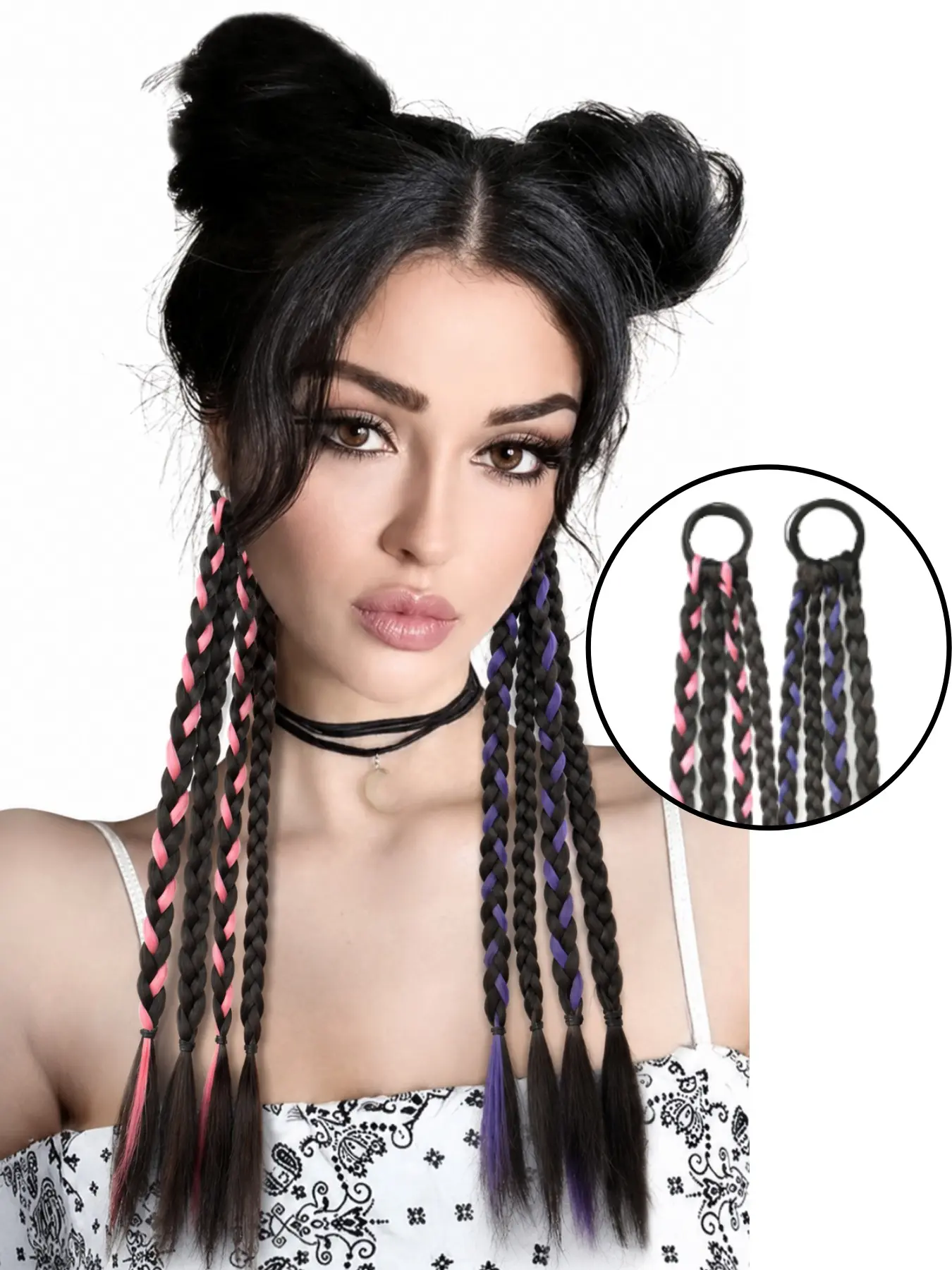2 Pcs Mixed Color Ponytail Braids Hair Extensions, 4‑Strand Sweet Cool Box Braids Ponytail Hair Extensions with Color Highlights