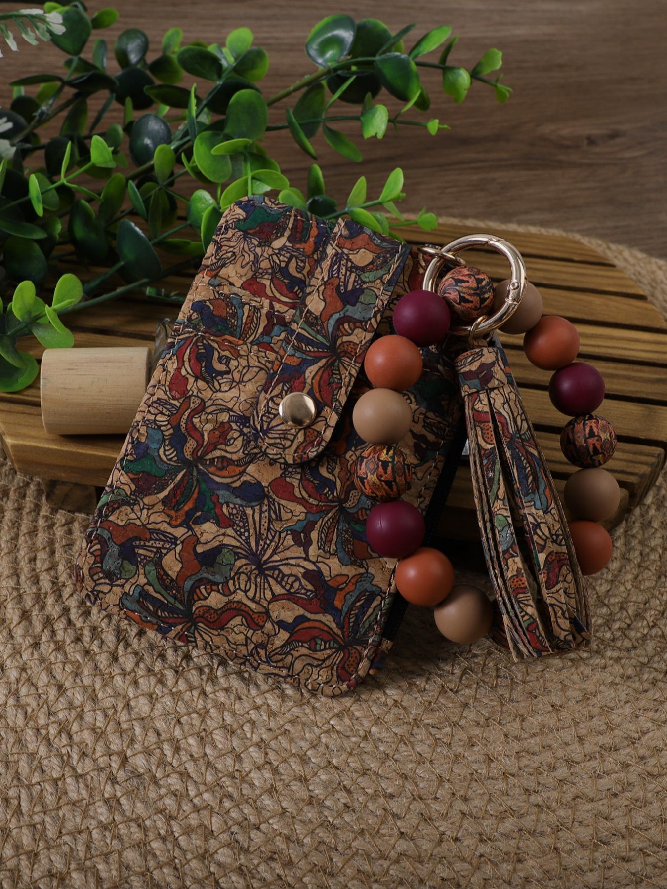 Vintage Boho Style Keychain, Stylish Keychain, Floral & Geometric Pattern Beaded Keychain with Card Holder Set for Women & Girls, Fashion Accessories for Daily Use