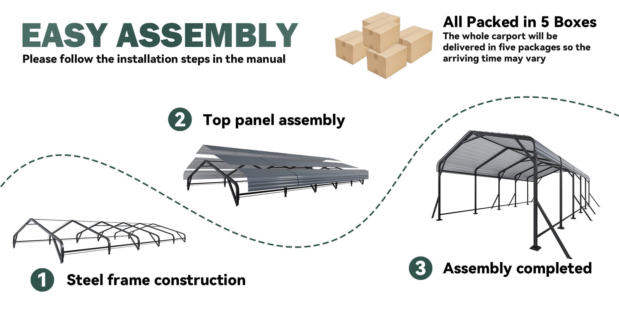 Heavy Duty Metal Carport 10x15 / 12x20 / 13x26 / 20x24 ft, Outdoor Car Canopy with Extra Support Poles, Waterproof & UV Protection, Wind Resistant Shelter for Car, Truck, Boat