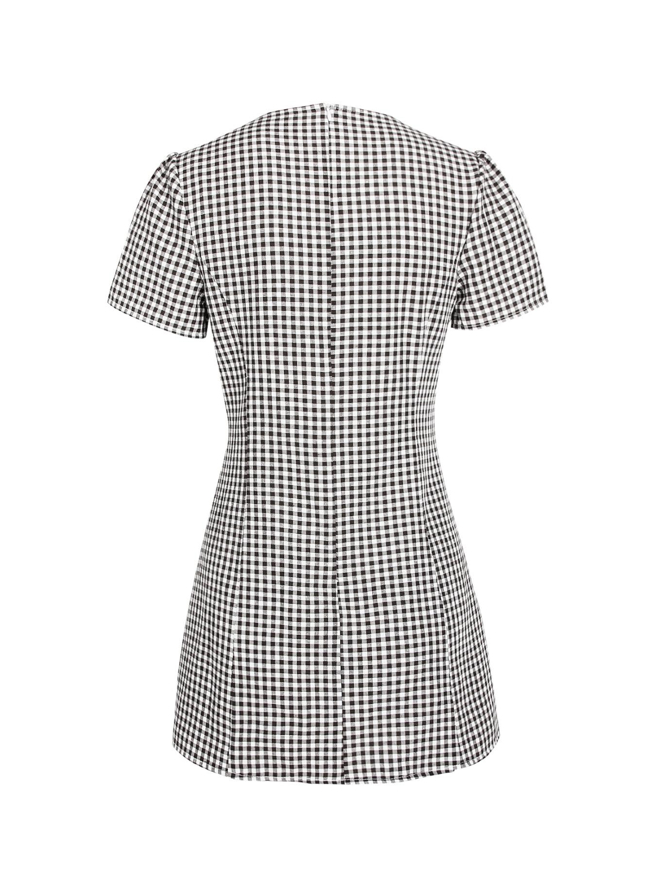Women's Plaid Print Button Decor V Neck Dress Casual Basic Fashion Short Sleeve Dress for Daily Outdoor Wear Ladies Clothes for All Seasons Sexy Shirt Mini Dress Womenswear