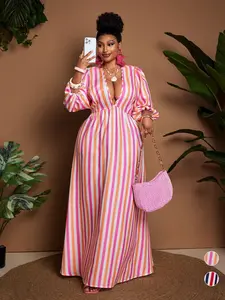 Women's Plus Size Striped Dress, V Neck Lantern Sleeve, Waist Cinch A-Line Long Dress, Summer Vacation Wear
