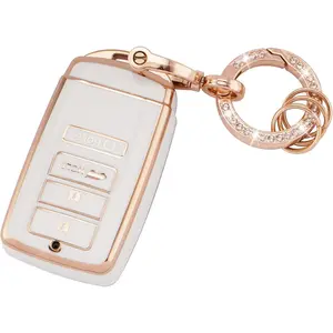 for Acura Keychain Bling Gold White Key Fob Cover Soft TPU Full Protection Smart Key Fob Case Fit for Acura CDX RDX RLX TLX TLX-L ILX NSX 4 Buttons Remote Smart Key Protector (R-ACU-W)