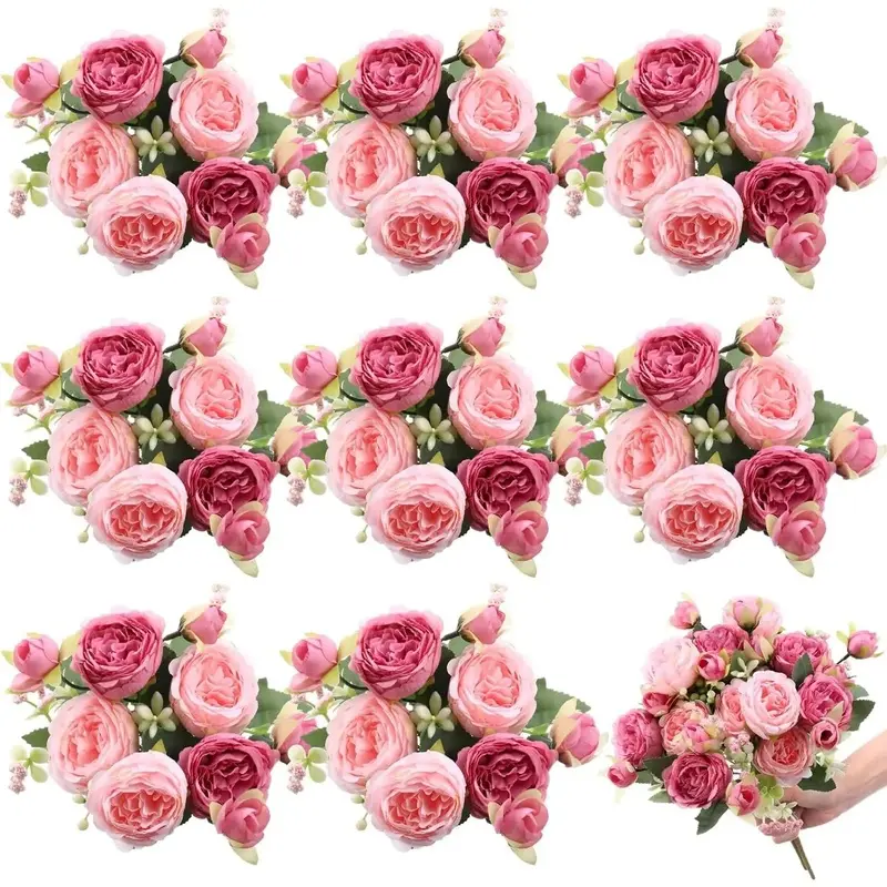 8-Bundle Silk Fake Flowers Bouquet - Colorful Pastel Decorative Faux Flowers for Wedding Table Centerpieces, Spring Home Floral Decor, DIY Projects (Pink, Dark Pink)