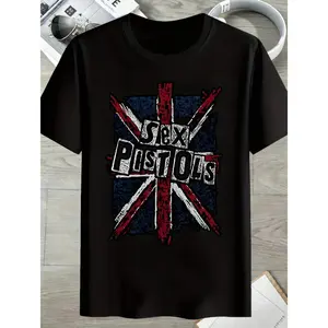 Men's Punk Rock Graphic T-Shirt - Pistols Union Jack Design - Retro Black Band T-Shirt - Crew Neck T-Shirt, Suitable for Concerts, Punk Rock Merchandise, Rock Band T-Shirts, Music Lover Clothing, Unisex, Collectible T-Shirt