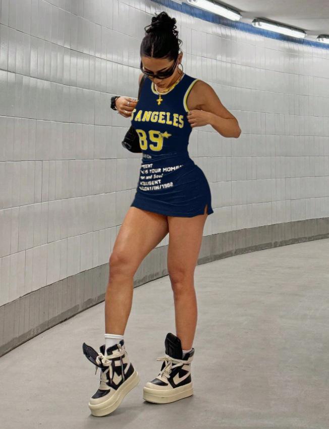 Outdoor trendy sporty color-block printed bodycon tank top short dress