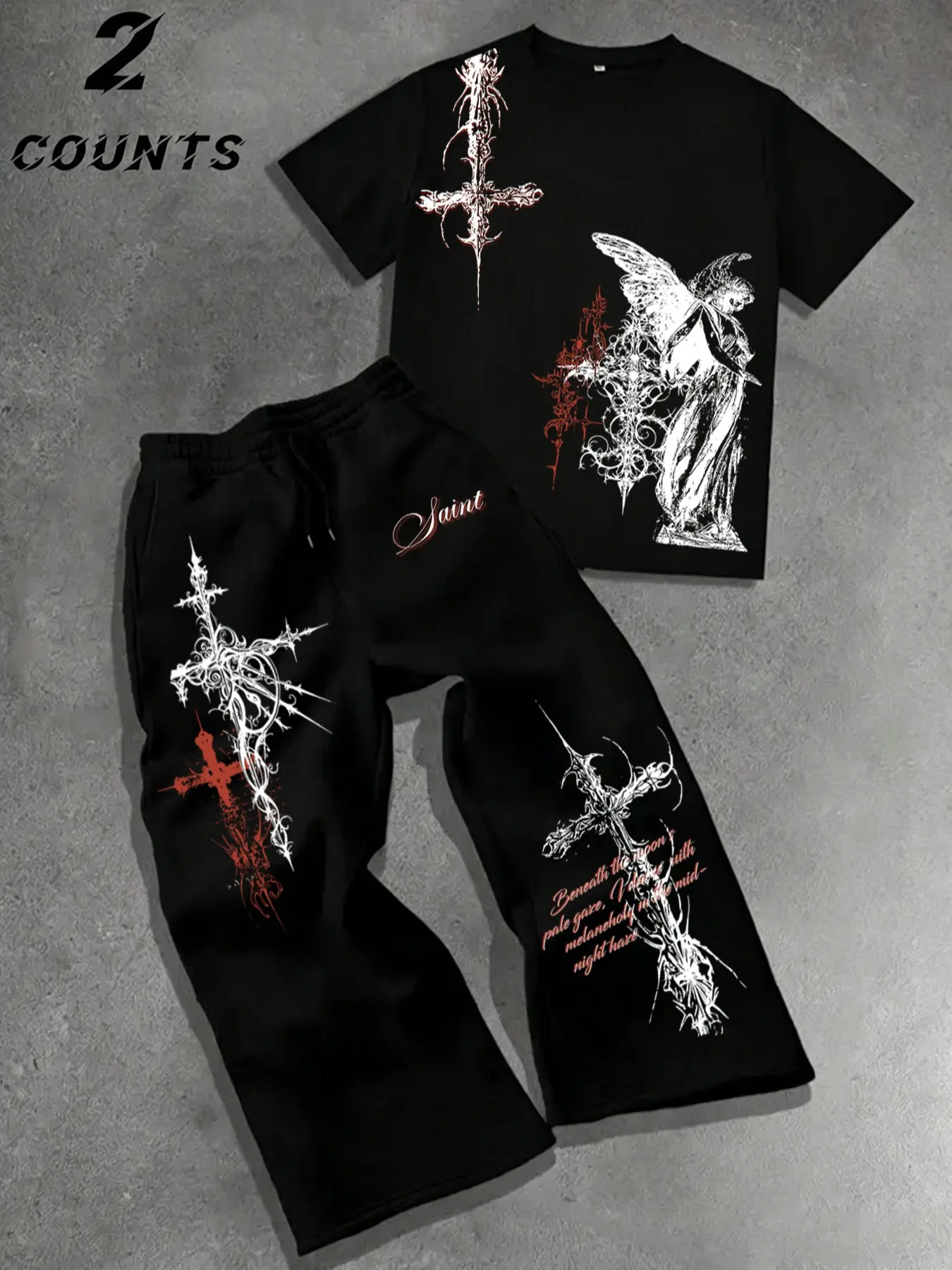 Cyber Sigilism Cross Printed Short Sleeve Tee Wide Leg Joggers Tracksuit Set Dark Aesthetic Vintage Angel Graphic Lounge Matching Outfit